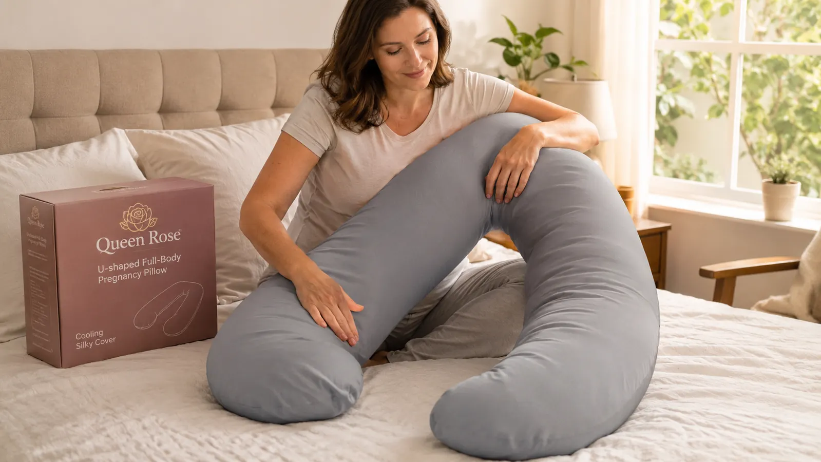Close-up of a hand adjusting a U-shaped body pillow between the knees and under the head on a bed