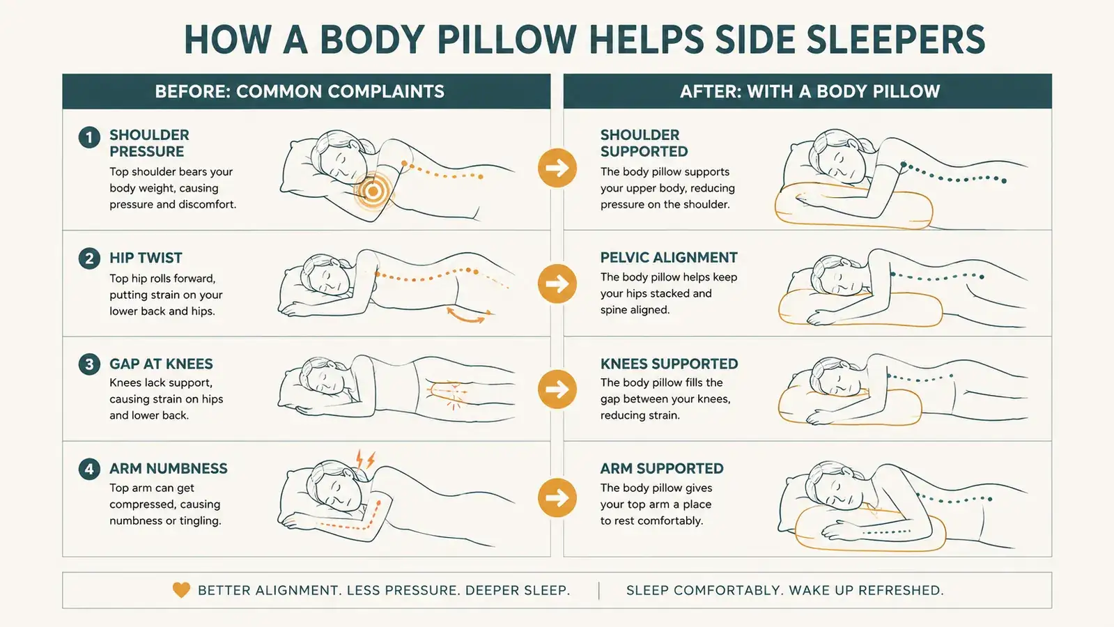 Simple chart comparing side sleeper pain points before and after using a body pillow