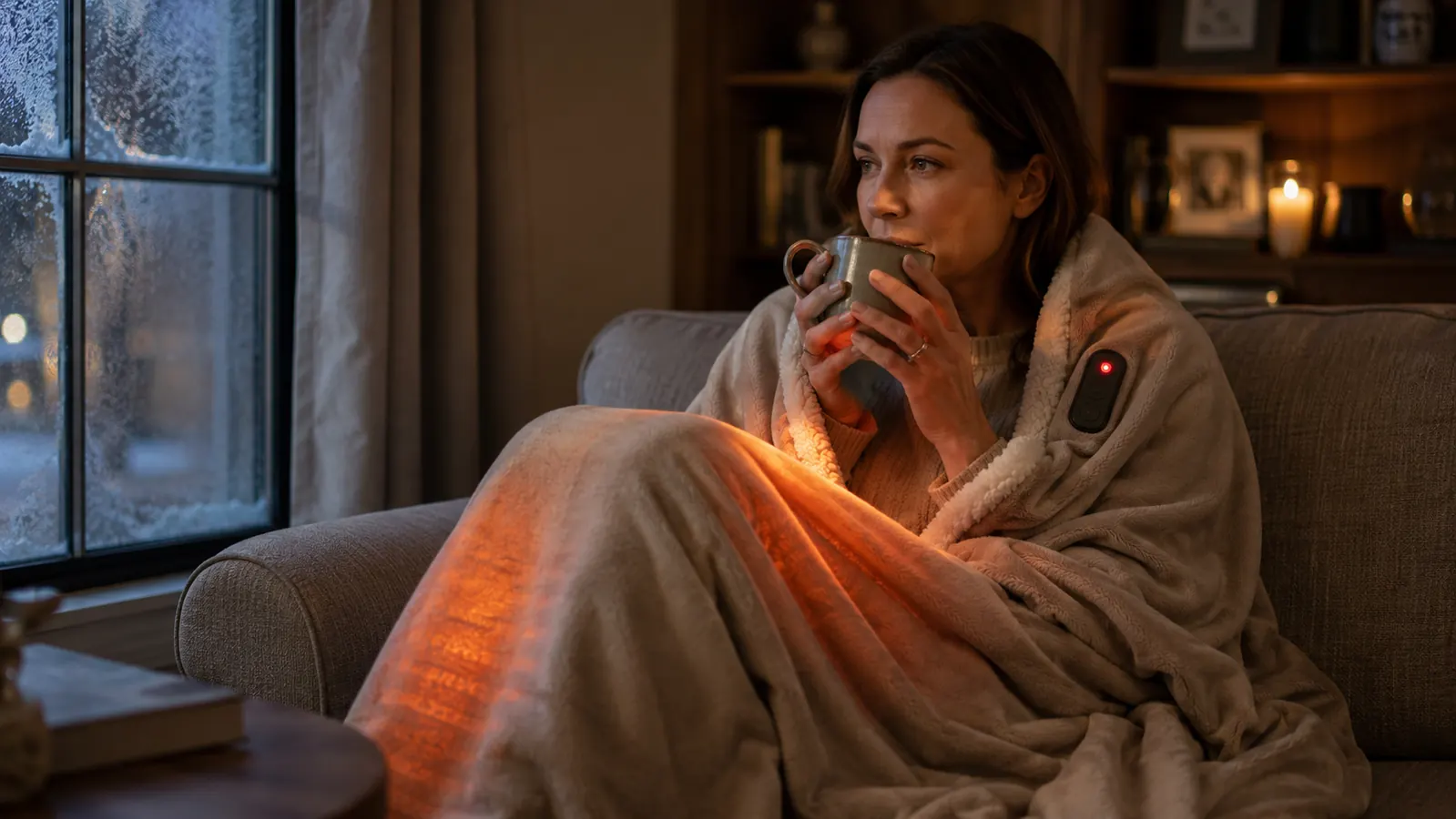 Woman wrapped in a soft gray heated blanket throw on the couch on a cold night, warm lamp light in the background