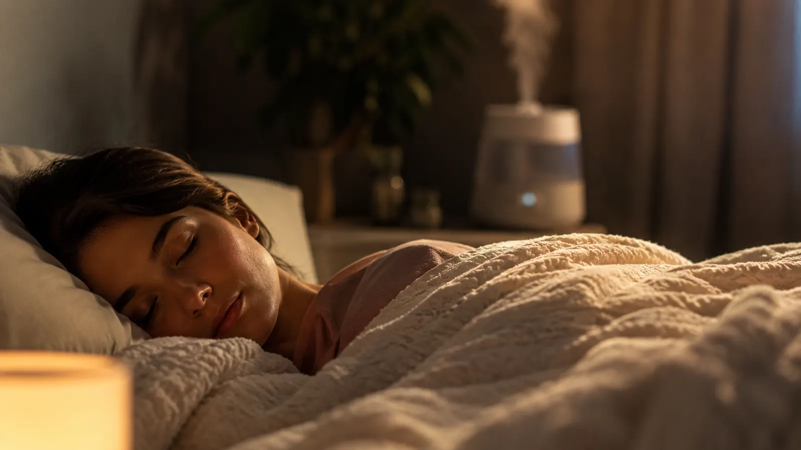 Woman sleeping peacefully on her side in a dim bedroom with a humidifier softly glowing on the nightstand