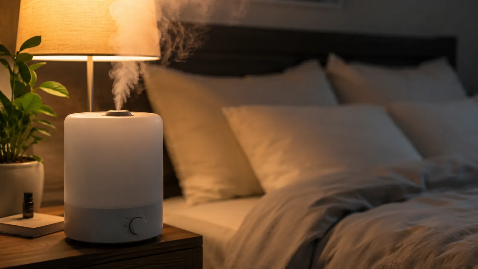Soft mist rising from a humidifier on a nightstand in a dim, cozy bedroom at night