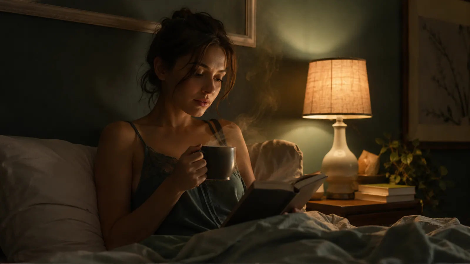 Soft nightstand scene with a small humidifier releasing a gentle mist beside a bed in warm evening light