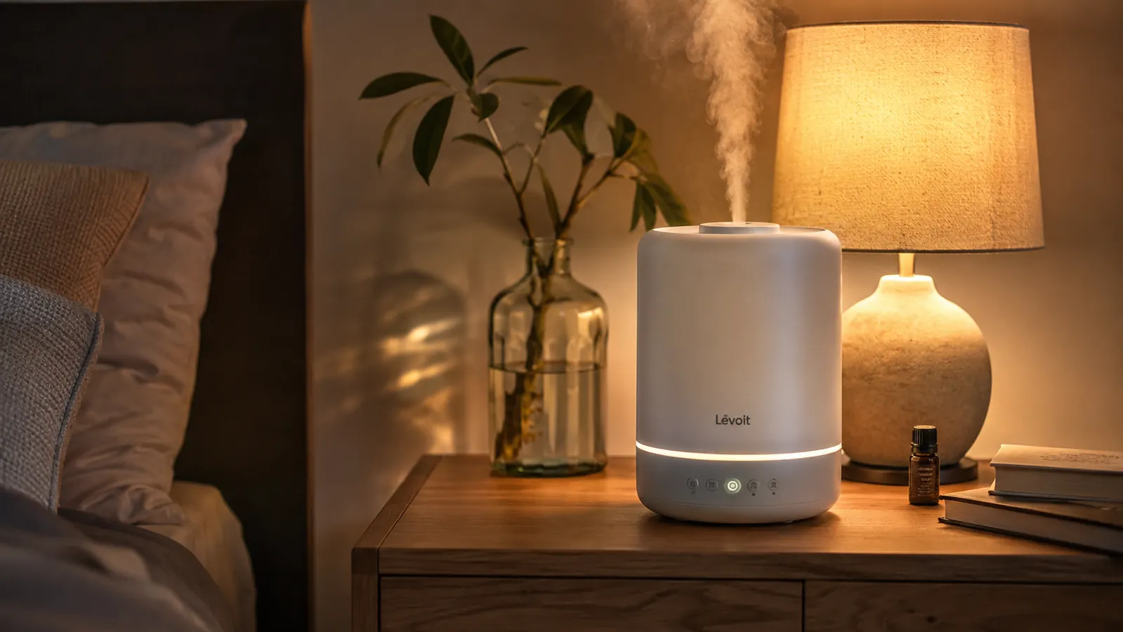AquaOasis cool mist humidifier releasing a soft plume of mist on a nightstand in a dimly lit bedroom