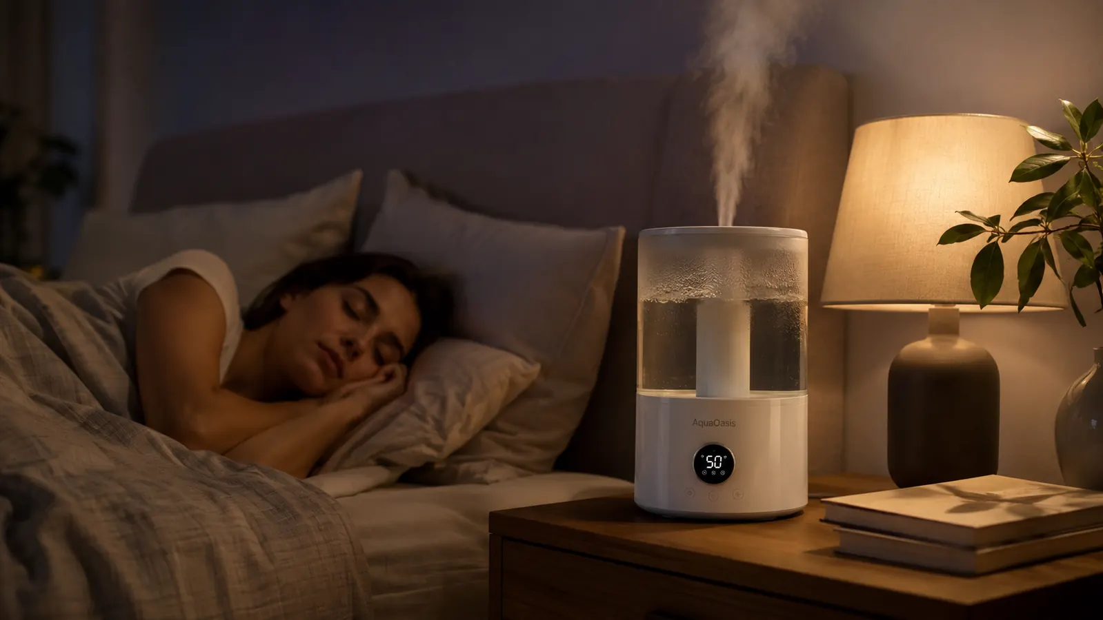 Cool mist humidifier releasing a soft visible mist on a nightstand beside a bed at night, warm dim lighting