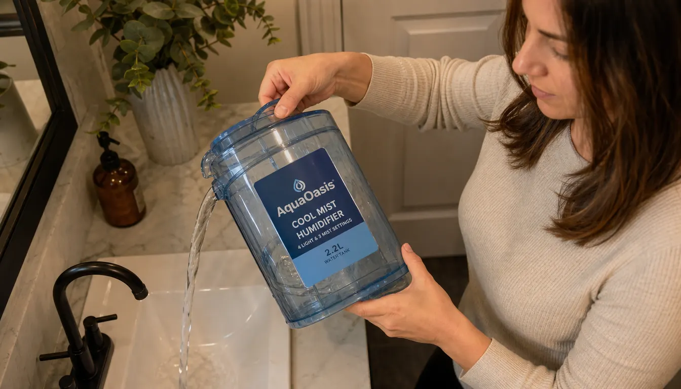 Hand pouring water into the AquaOasis humidifier's tank before setting it back on a nightstand next to a lamp