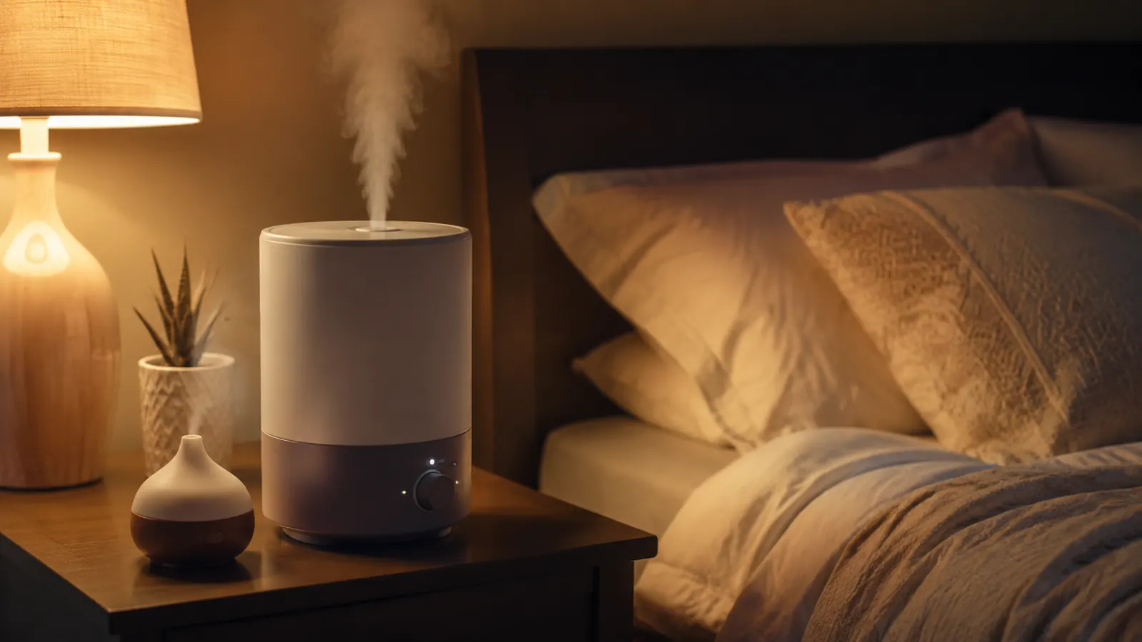 Cool mist rising from a bedroom humidifier on a nightstand at night, with a small unlit essential oil diffuser set beside it for comparison