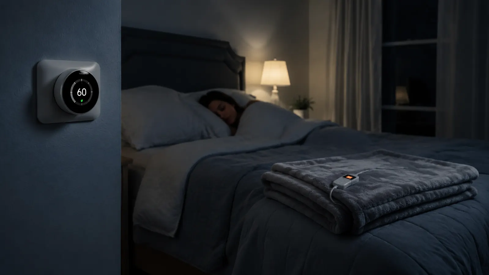 Bedroom at night with the heated blanket folded at the foot of the bed and a thermostat visible on the wall showing a low temperature