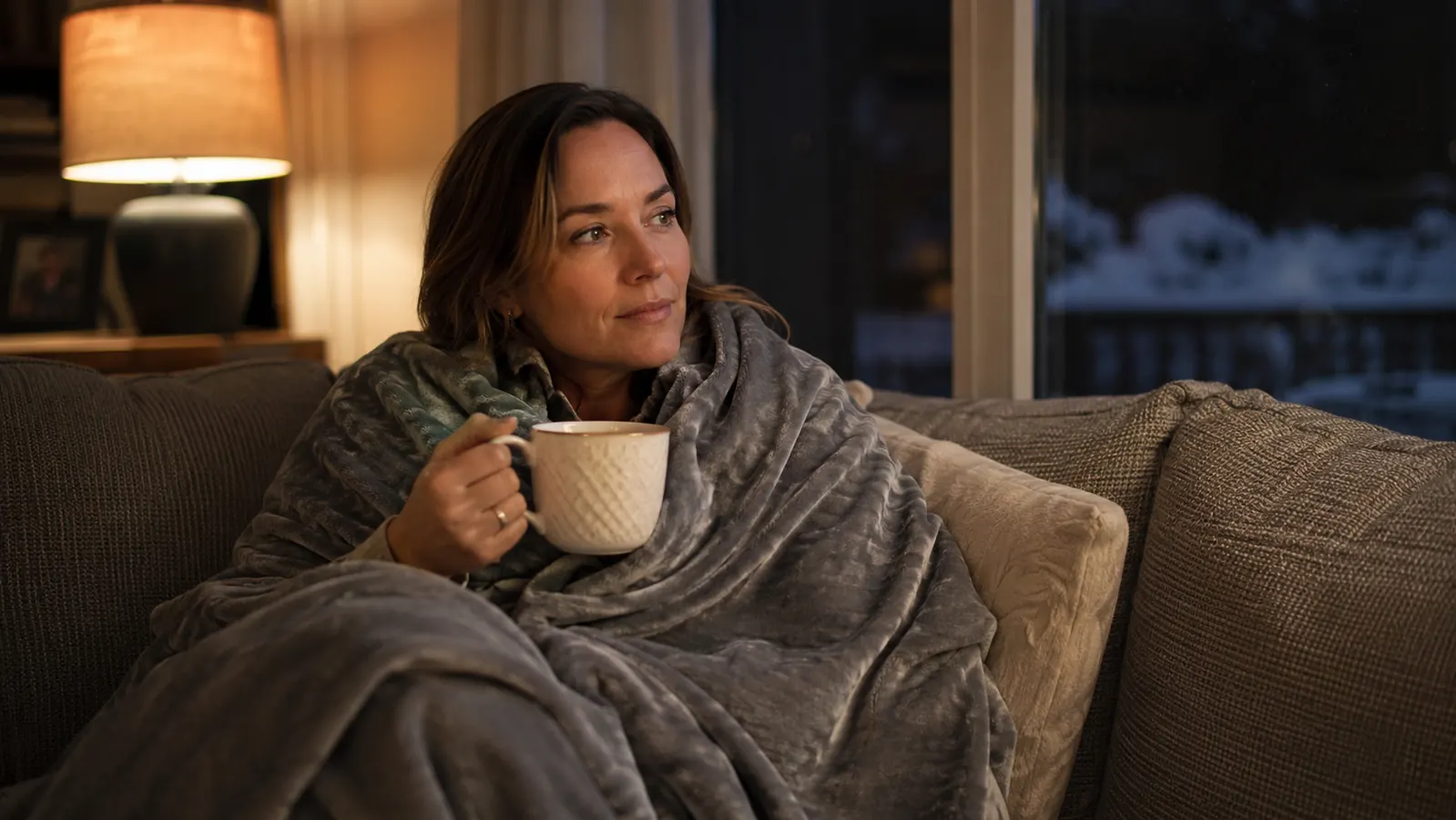 Woman wrapped in a soft gray heated throw blanket on the couch, reading in low evening lamp light