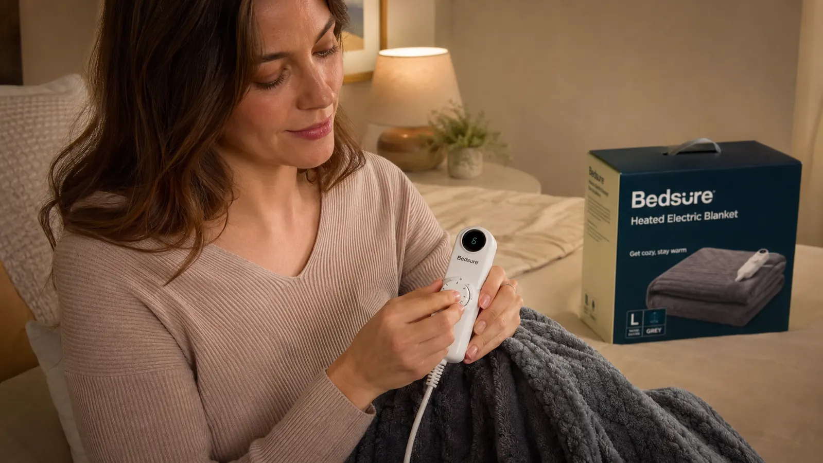 Close-up of a hand adjusting the heat setting on the Bedsure blanket's plug-in controller