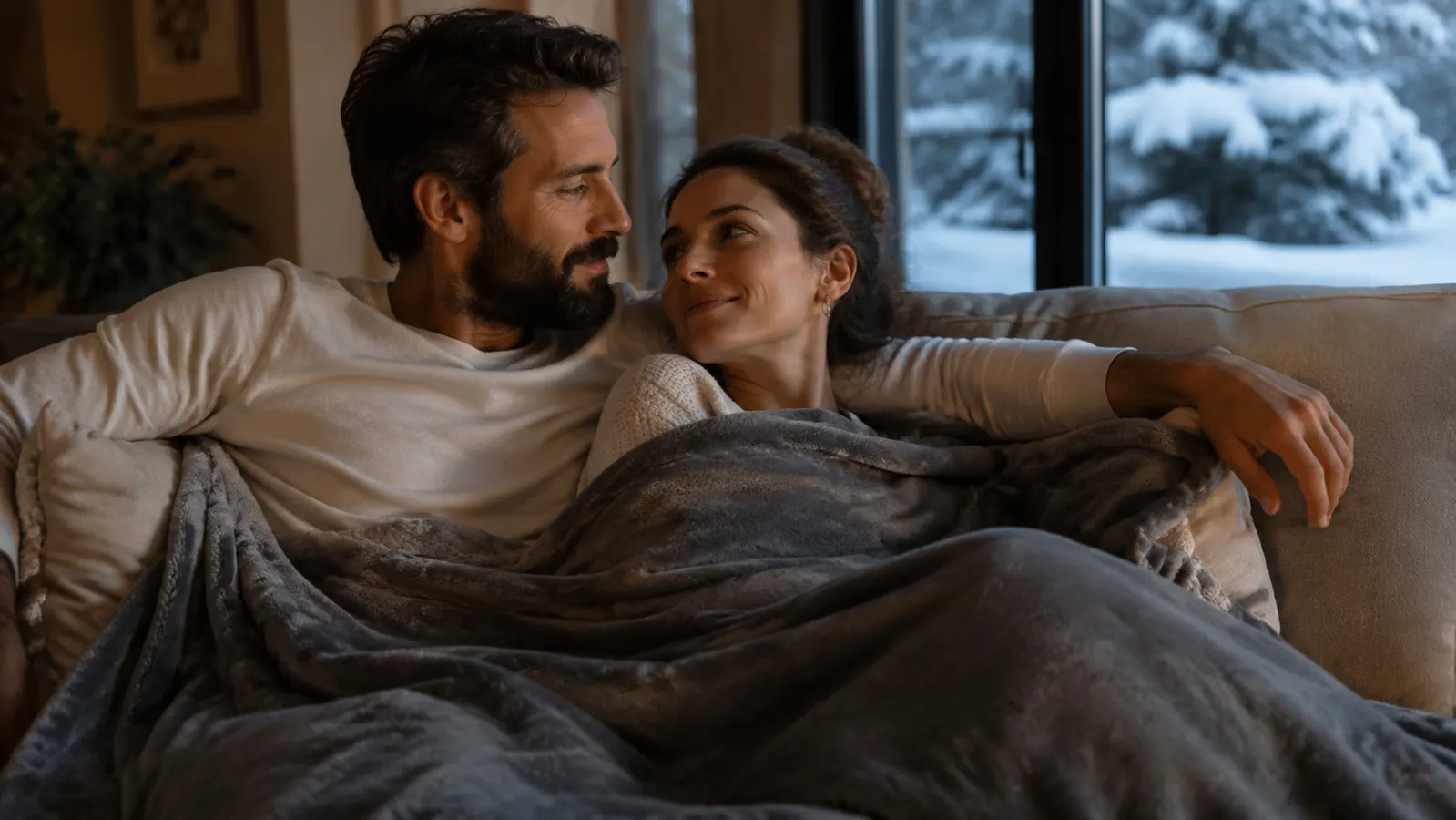 Couple relaxing on a couch under the heated blanket on a snowy evening