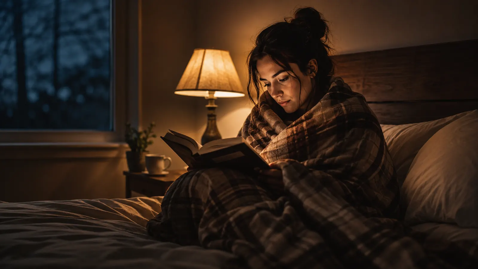 Woman wrapped in the Bedsure heated blanket relaxing in a warm bedroom on a cold night