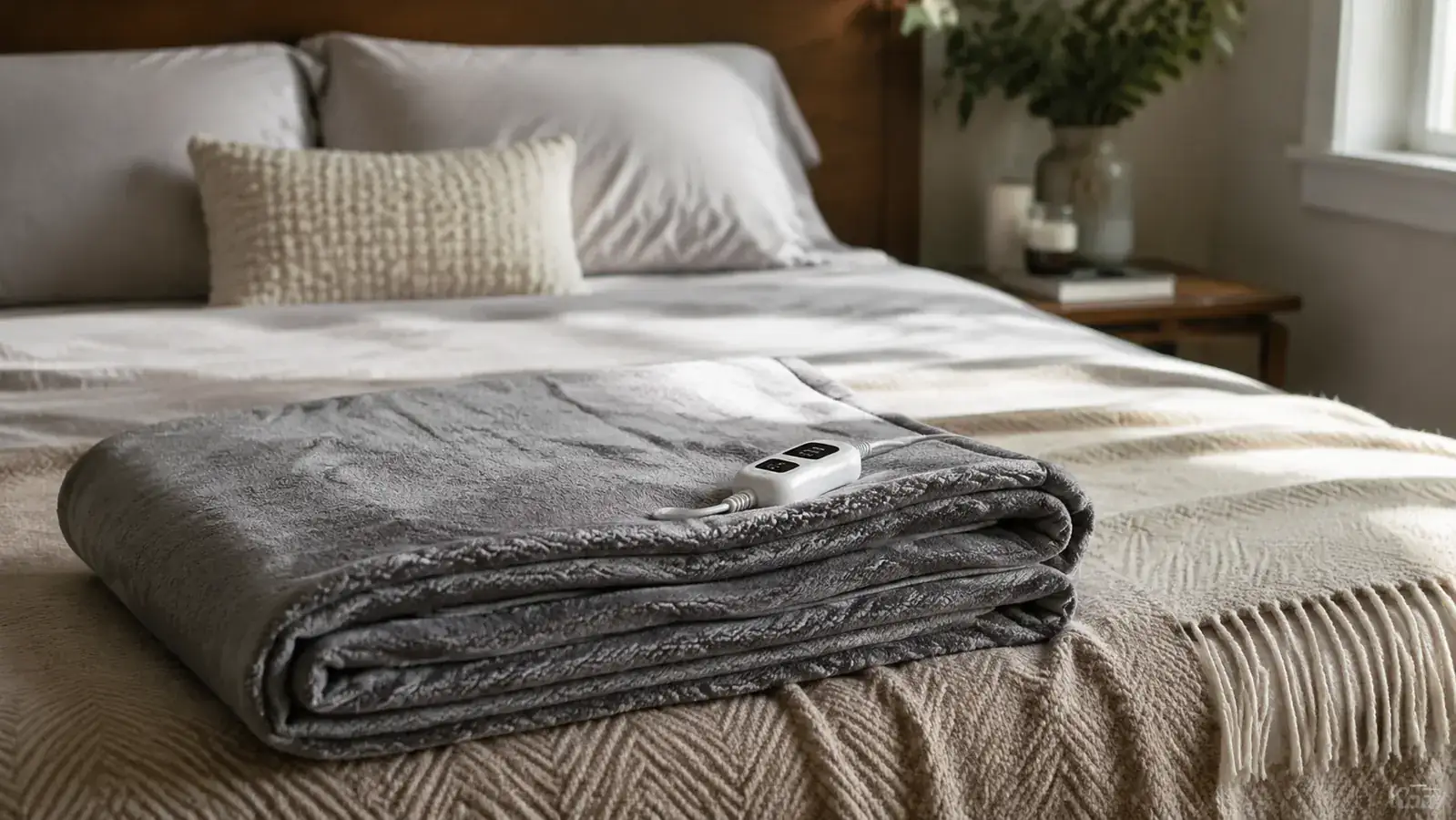 Heated blanket folded at the foot of a made bed next to a stack of books and a cup of coffee