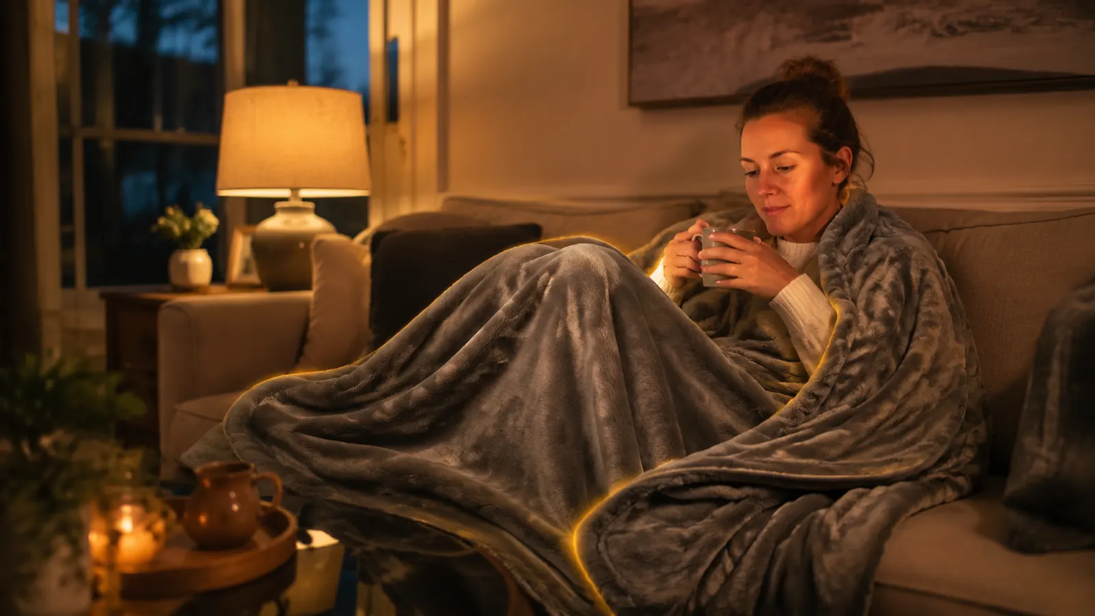 Woman wrapped in a gray Bedsure heated blanket throw on a couch, reading in warm lamp light