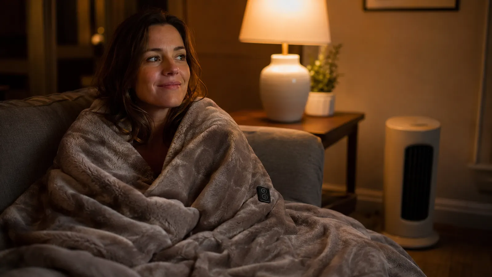 Woman curled up on a couch under a soft flannel heated throw blanket with a space heater visible but unplugged in the corner of the room