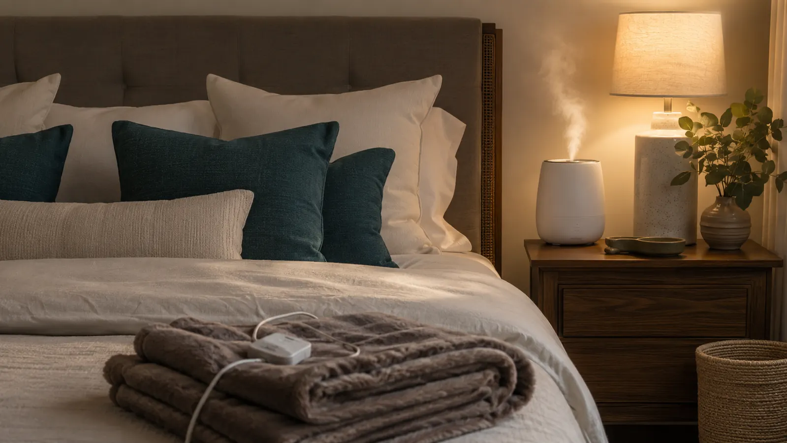 A person sleeping peacefully in a softly lit bedroom in the dim blue light of early morning