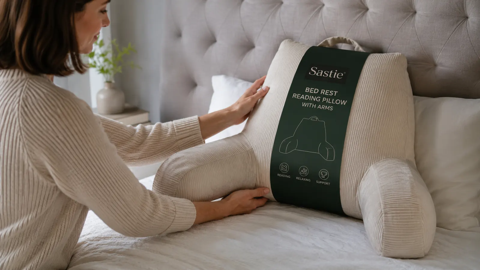Close-up of hands adjusting a reading pillow with arms against a headboard before sitting back to read