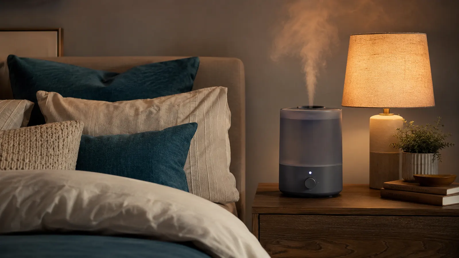 Cool mist humidifier releasing a soft cloud of mist on a nightstand beside a made bed, warm evening light through a curtain