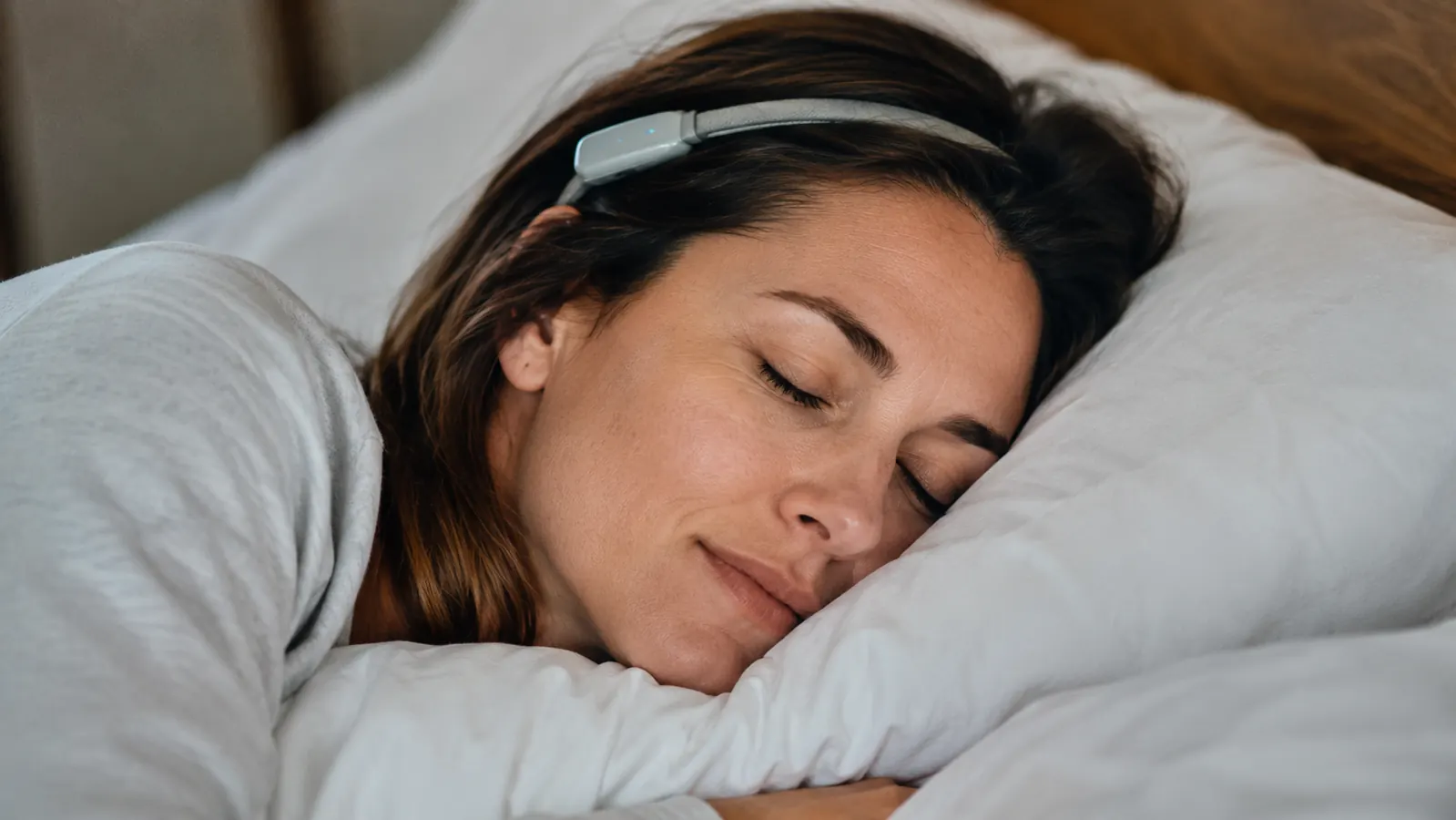 Person sleeping on their side with head resting on a pillow, thin headband visible under their hair