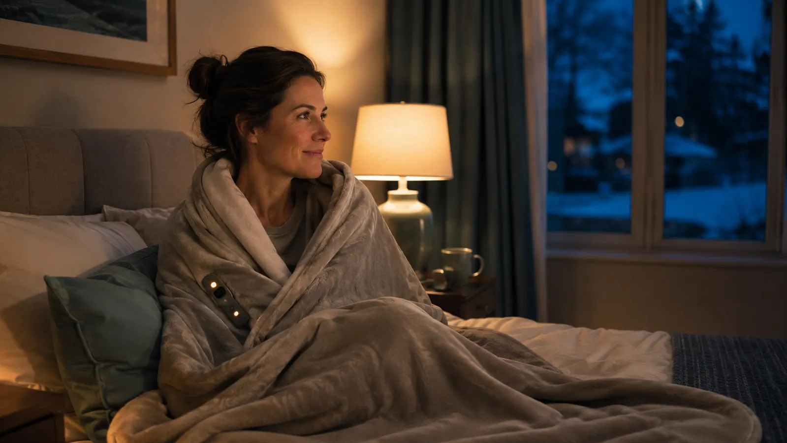 Woman in flannel pajamas curled up under a heated throw blanket on a bed, warm amber lamp light, cold window visible in the background
