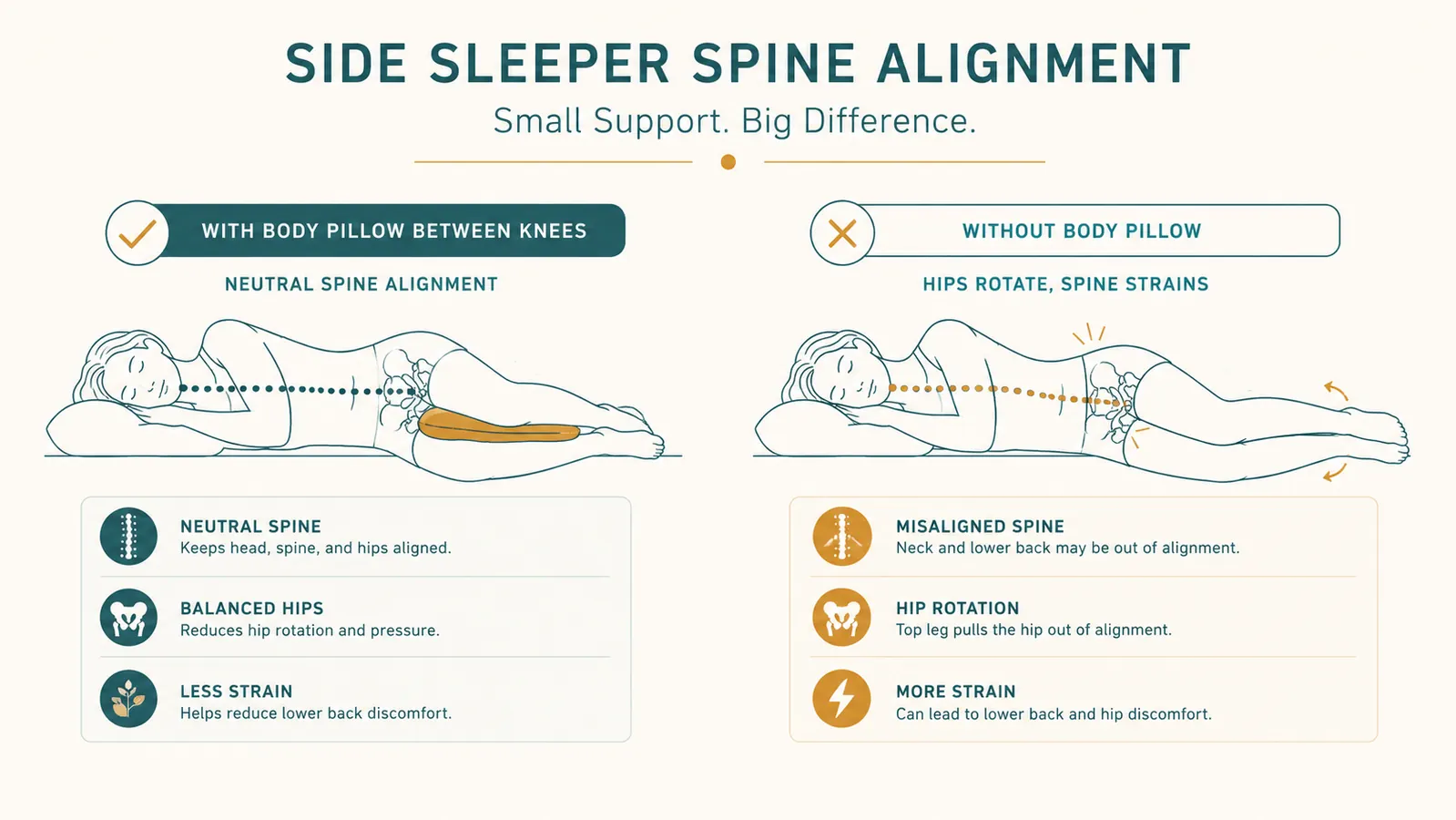 Simple diagram illustrating correct spine alignment when side sleeping with a body pillow between the knees versus incorrect alignment without support