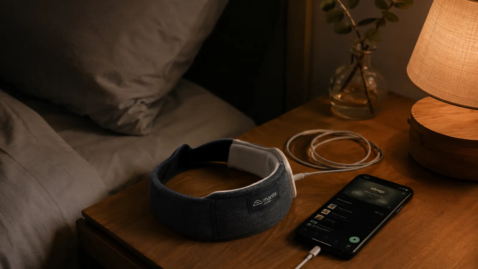 Nightstand scene with the sleep headband charging cable, a phone playing a sleep playlist, and a dim lamp