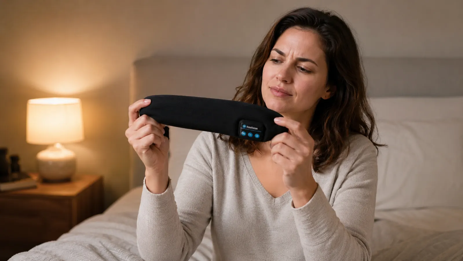 Woman sitting up in bed at night, holding a fabric sleep headphone headband in both hands and inspecting it skeptically under a warm lamp