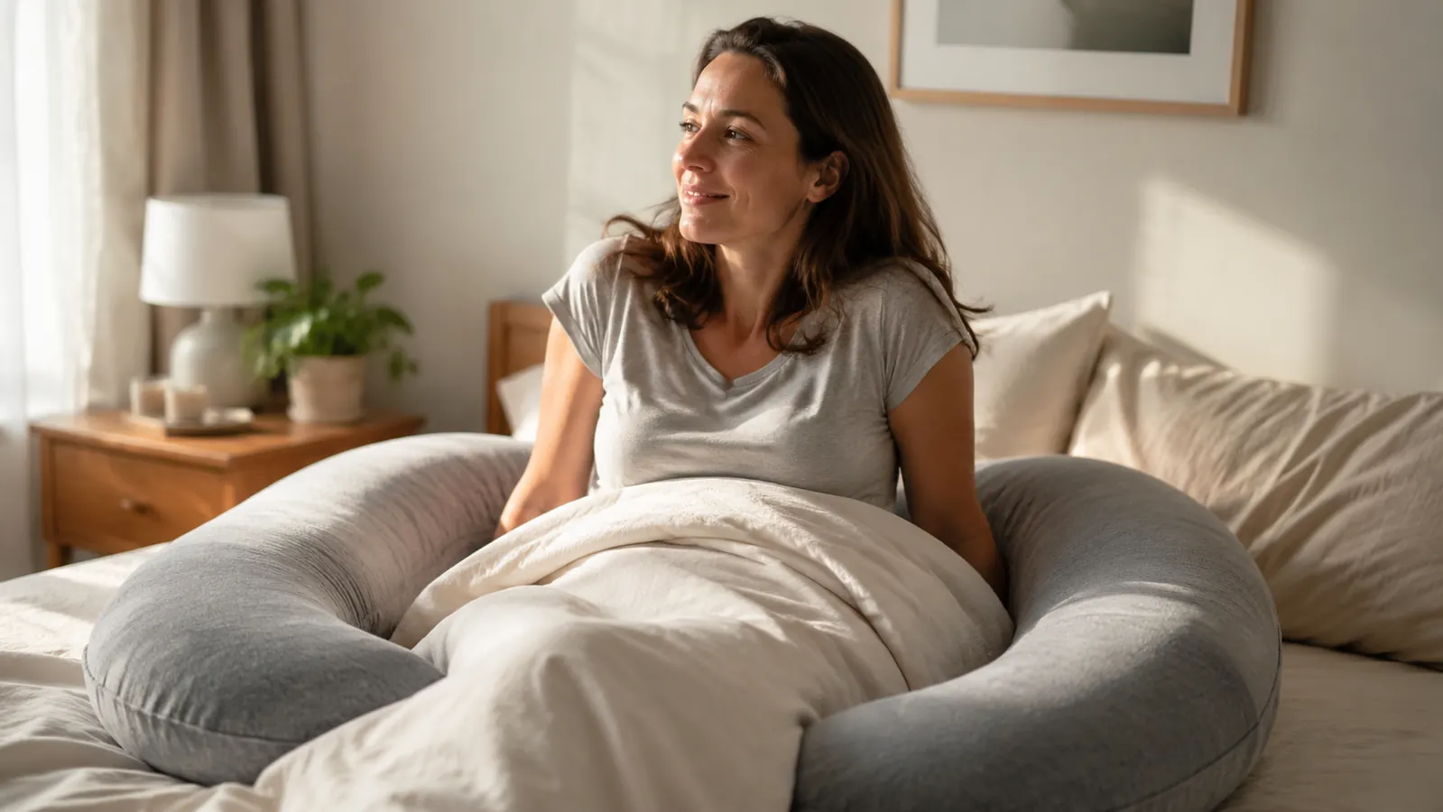 Woman sitting up in bed in early morning light, stretching, body pillow curved beside her