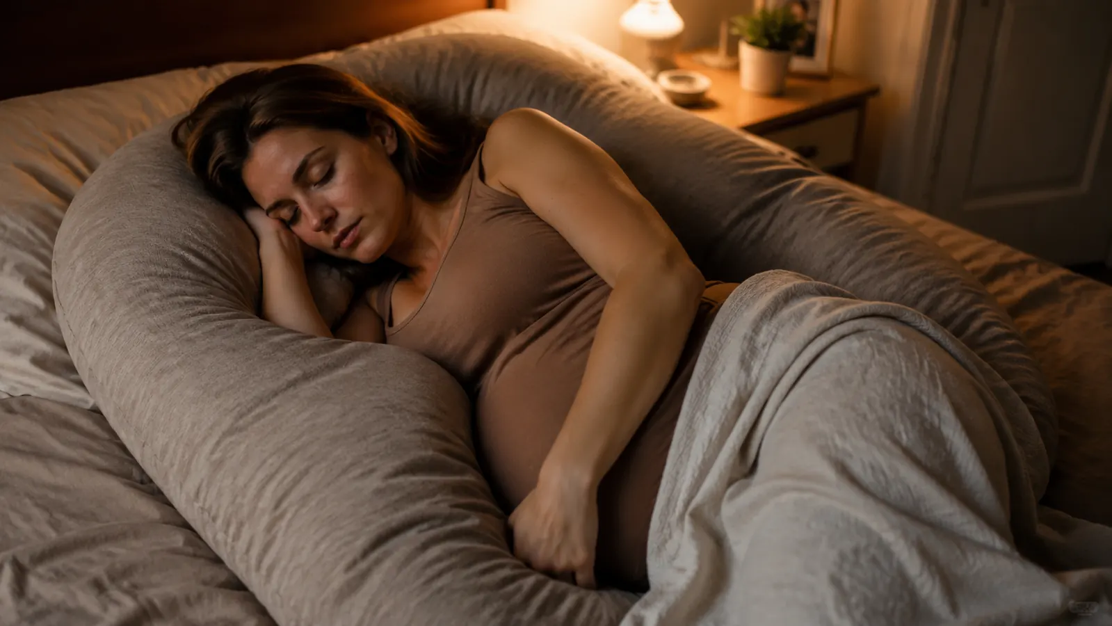 Pregnant woman sleeping on her side with a large U-shaped body pillow, soft bedroom lamp light