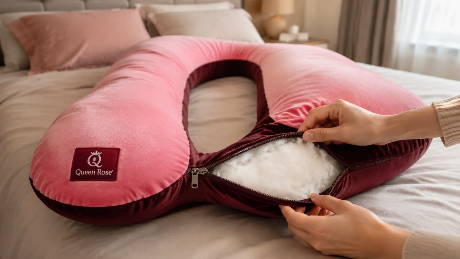 Hands unzipping the silky cooling cover off the Queen Rose pregnancy pillow to show the inner fill