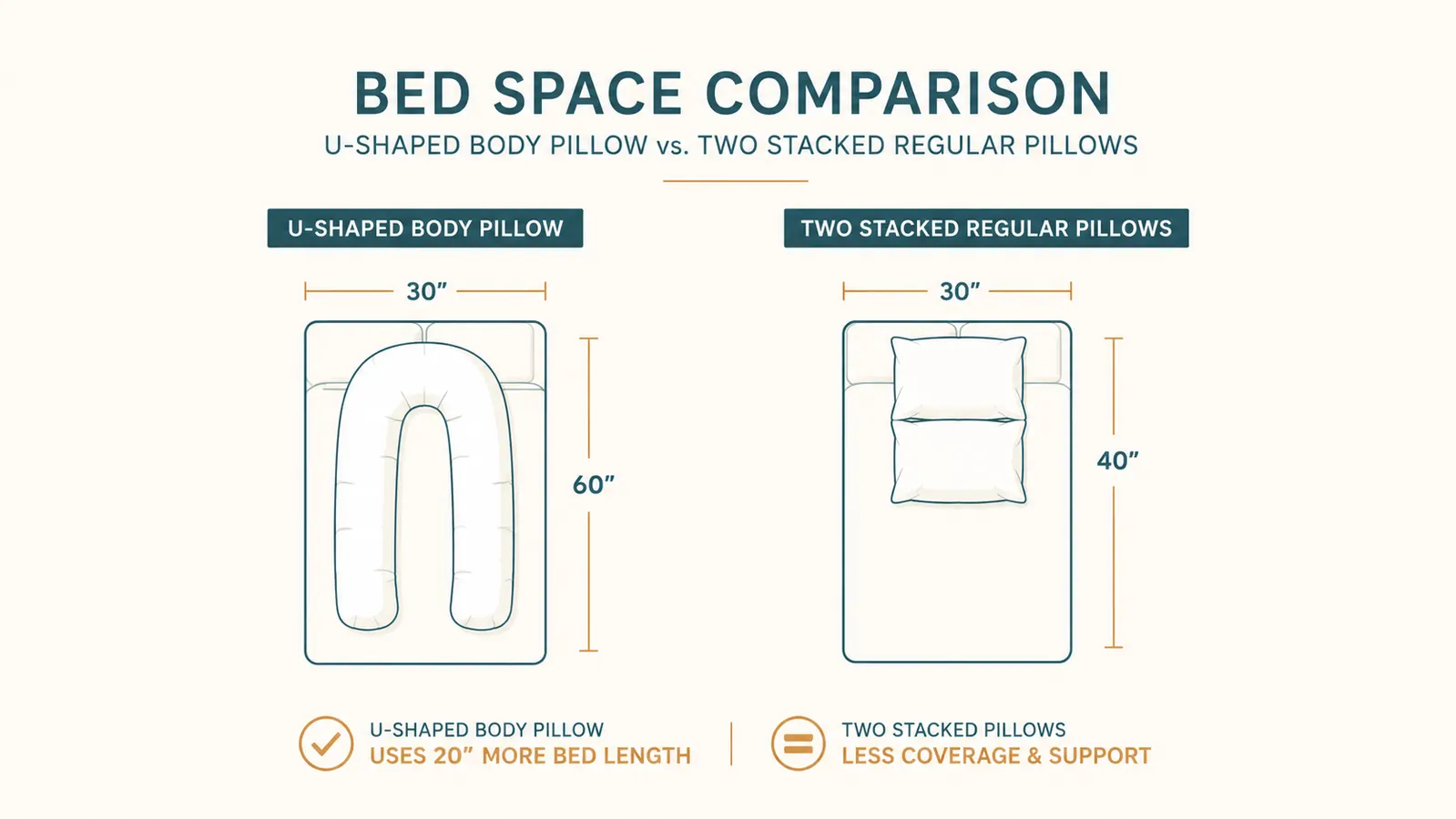 Simple chart comparing usable mattress space on a queen bed with and without the Queen Rose pillow