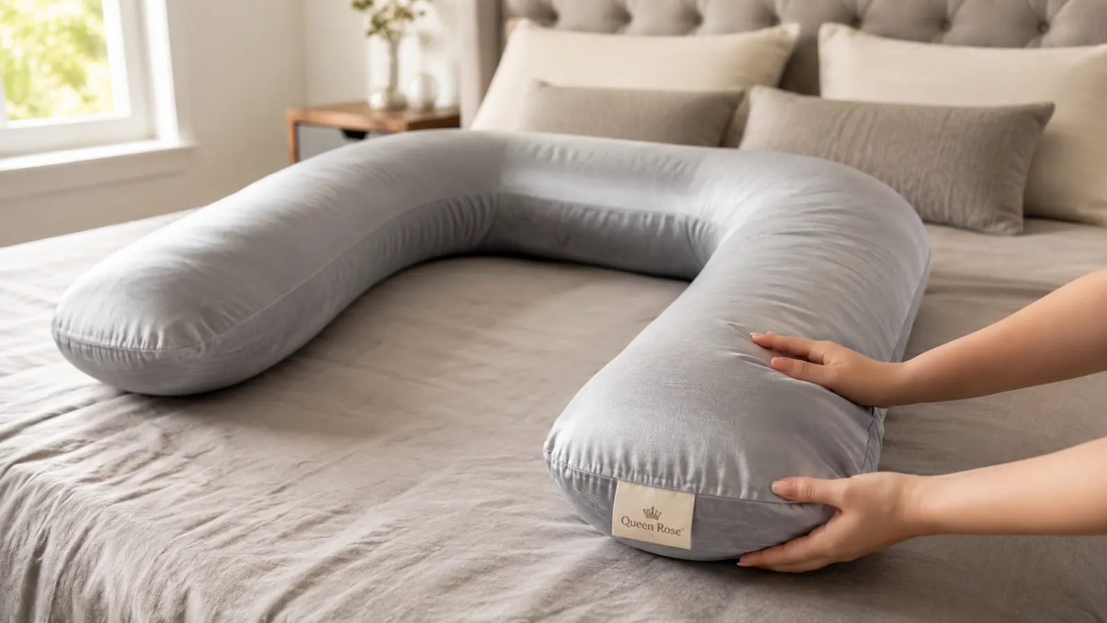 Close-up of hands positioning the Queen Rose U-shaped pillow around a body pillow test setup on a made bed