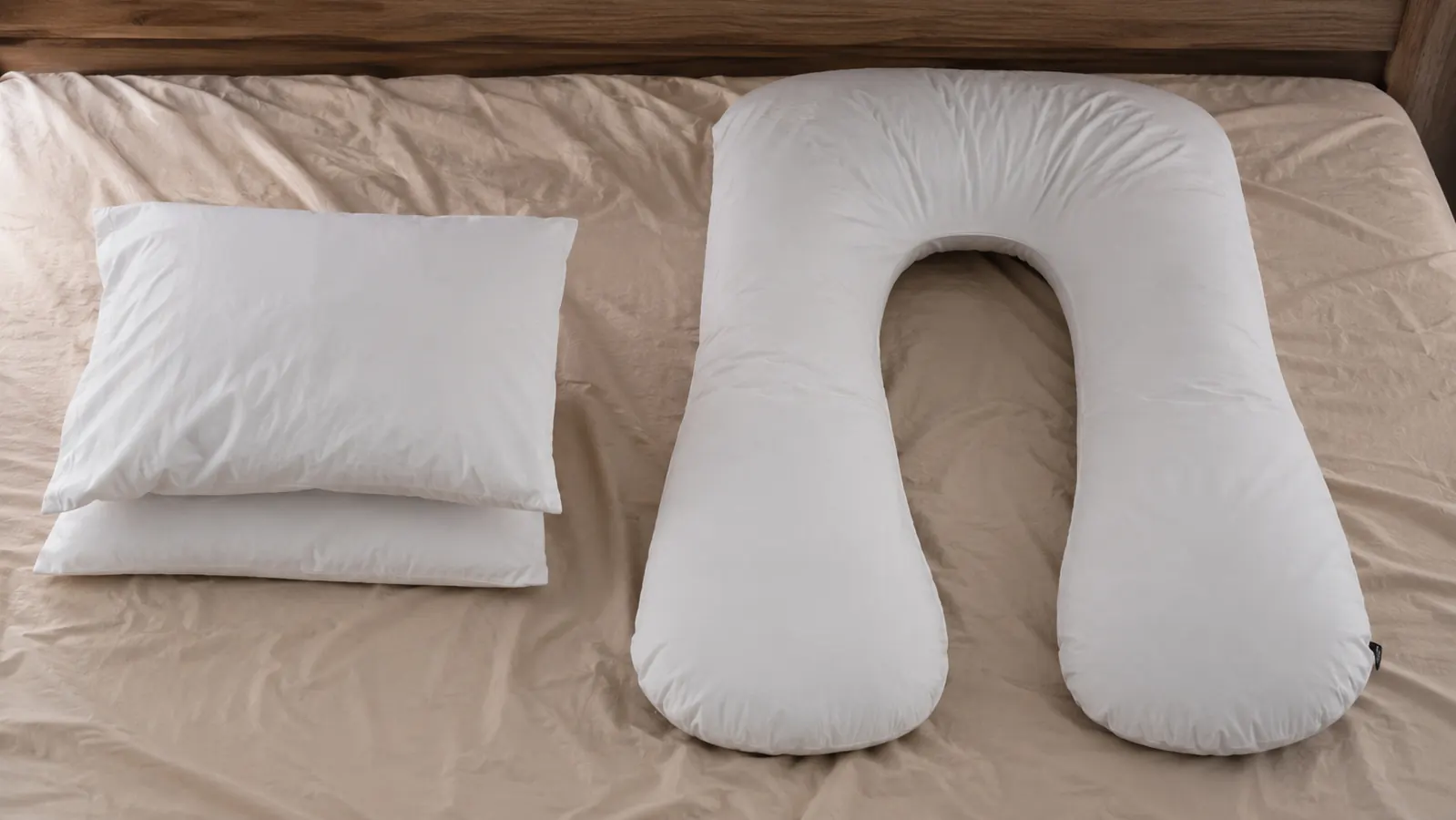 Two stacked regular pillows on an unmade bed next to a folded U-shaped pregnancy pillow, side by side comparison