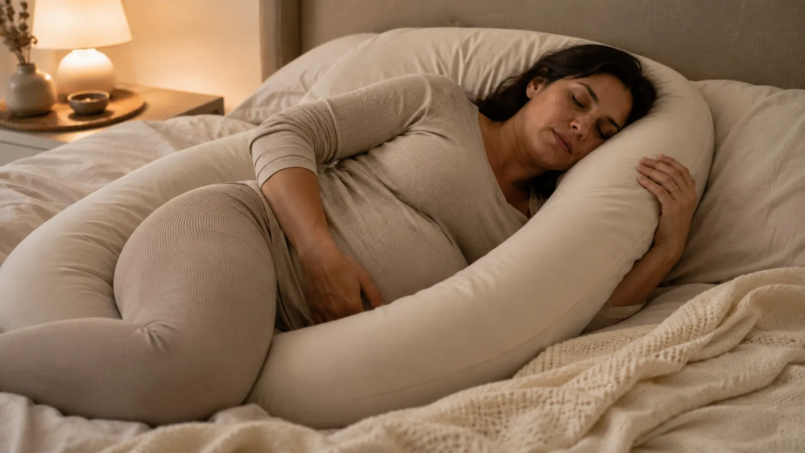 Pregnant woman sleeping on her side wrapped in a U-shaped body pillow in a softly lit bedroom