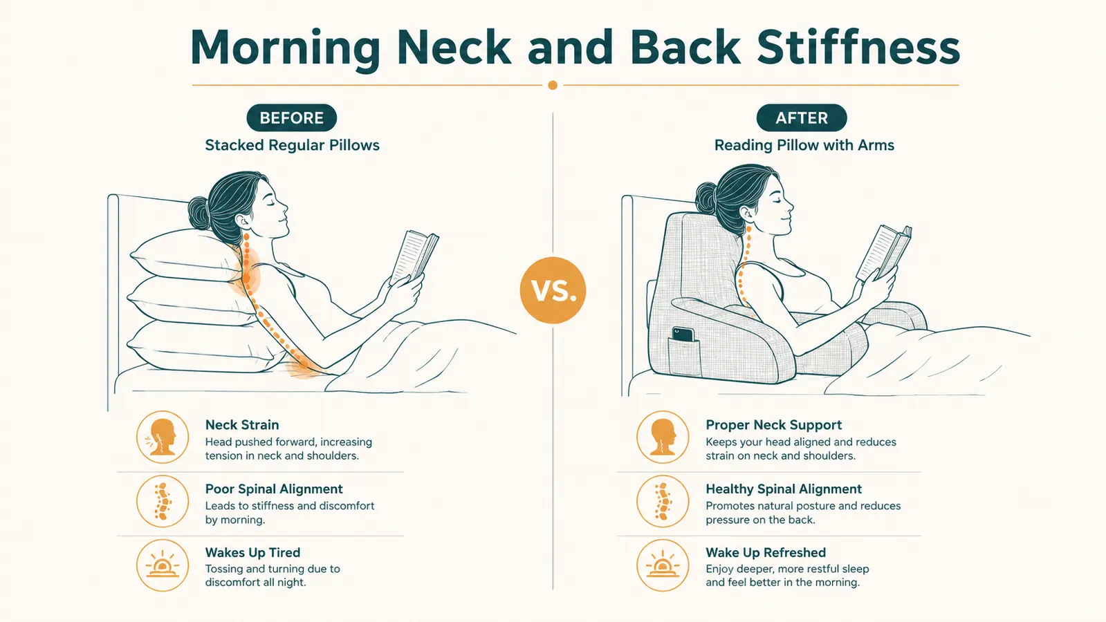 Simple chart comparing neck and back stiffness before and after switching to a reading pillow