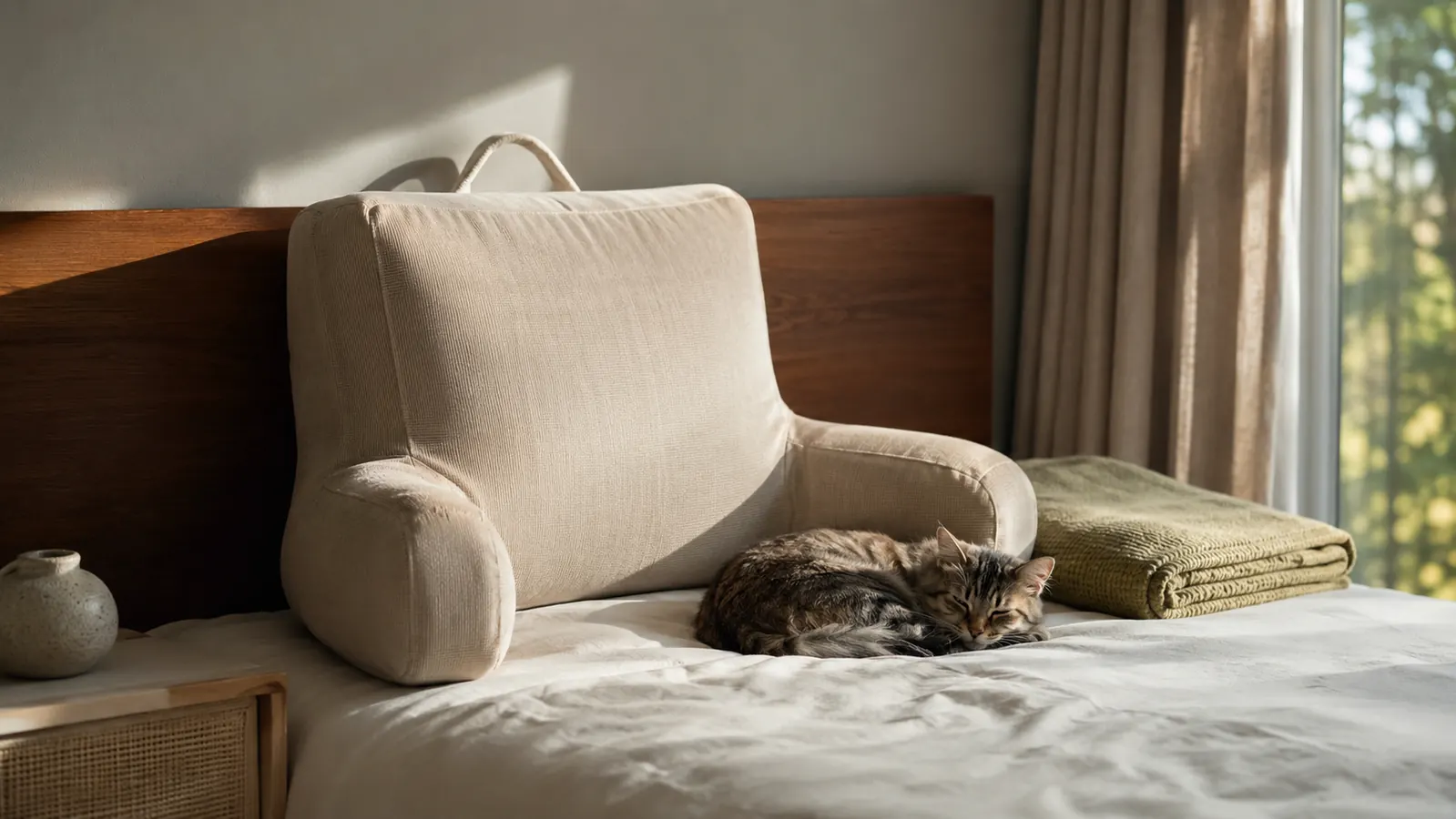 Reading pillow propped upright against a flat wooden headboard on a neatly made bed with a cat curled up nearby