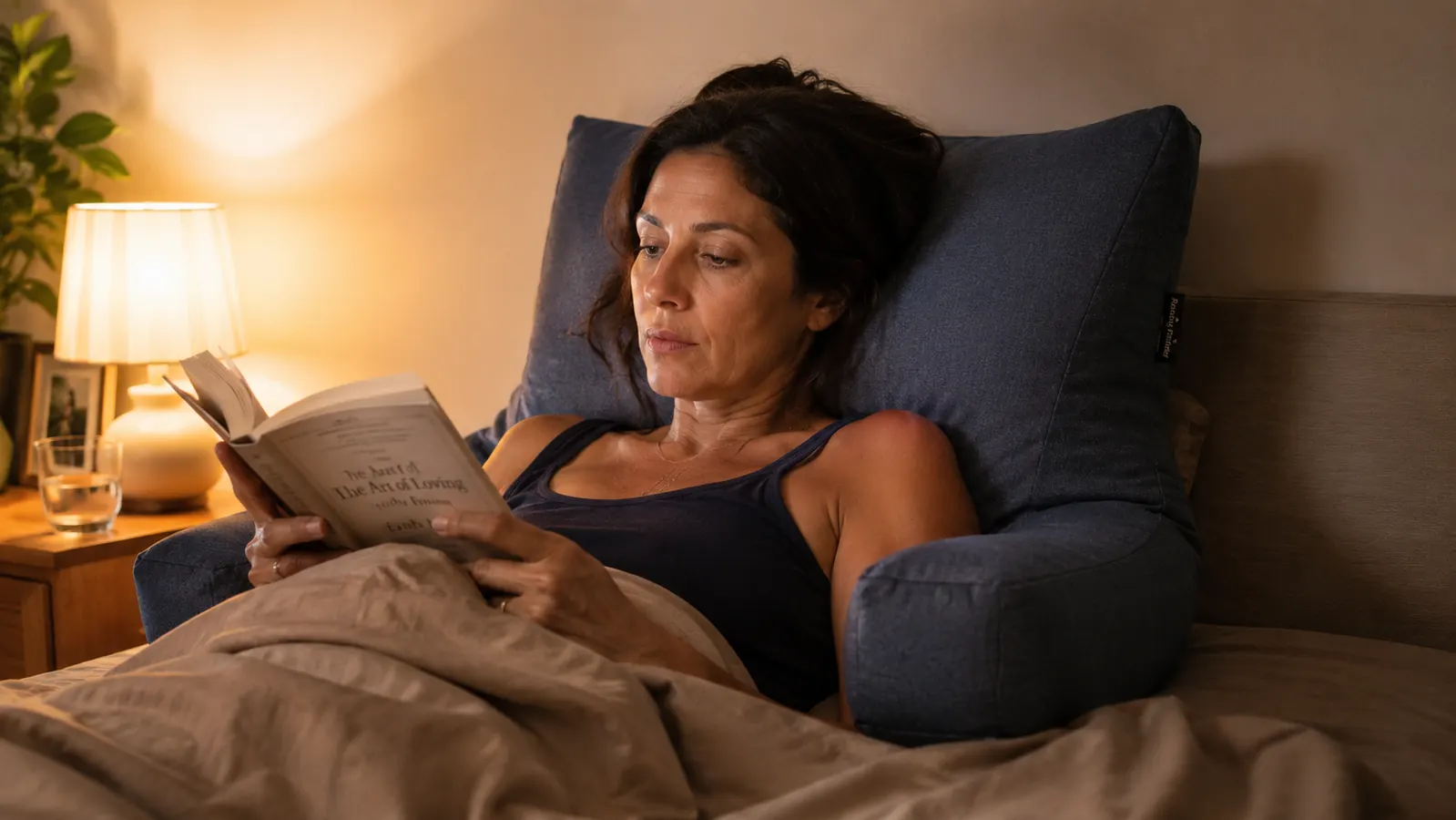 Woman sitting up in bed at night, propped comfortably against a reading pillow with armrests while reading a paperback under warm lamp light