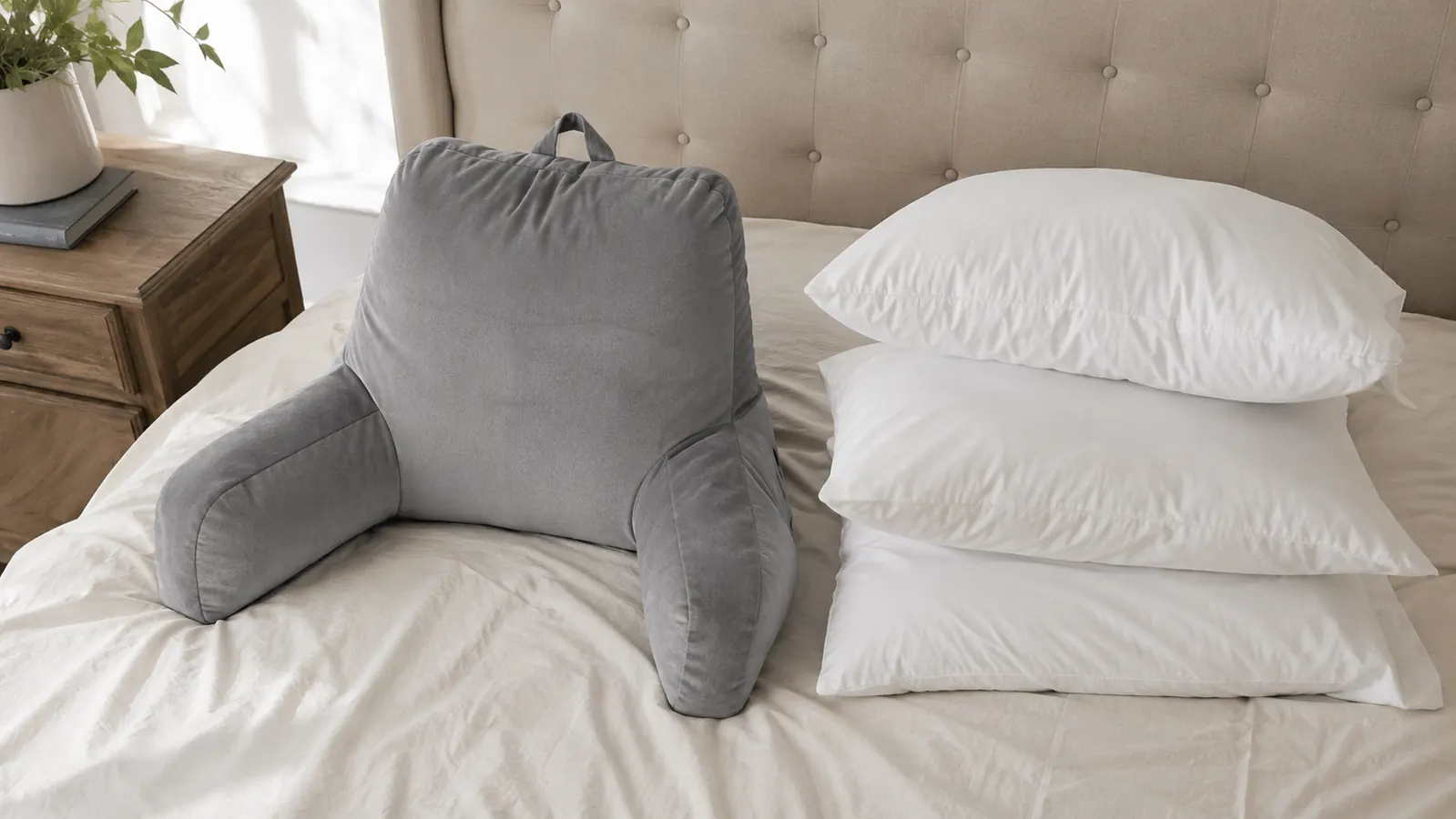 Two pillows compared side by side on a made bed, one a shaped reading pillow with arms and one a plain stack of regular pillows