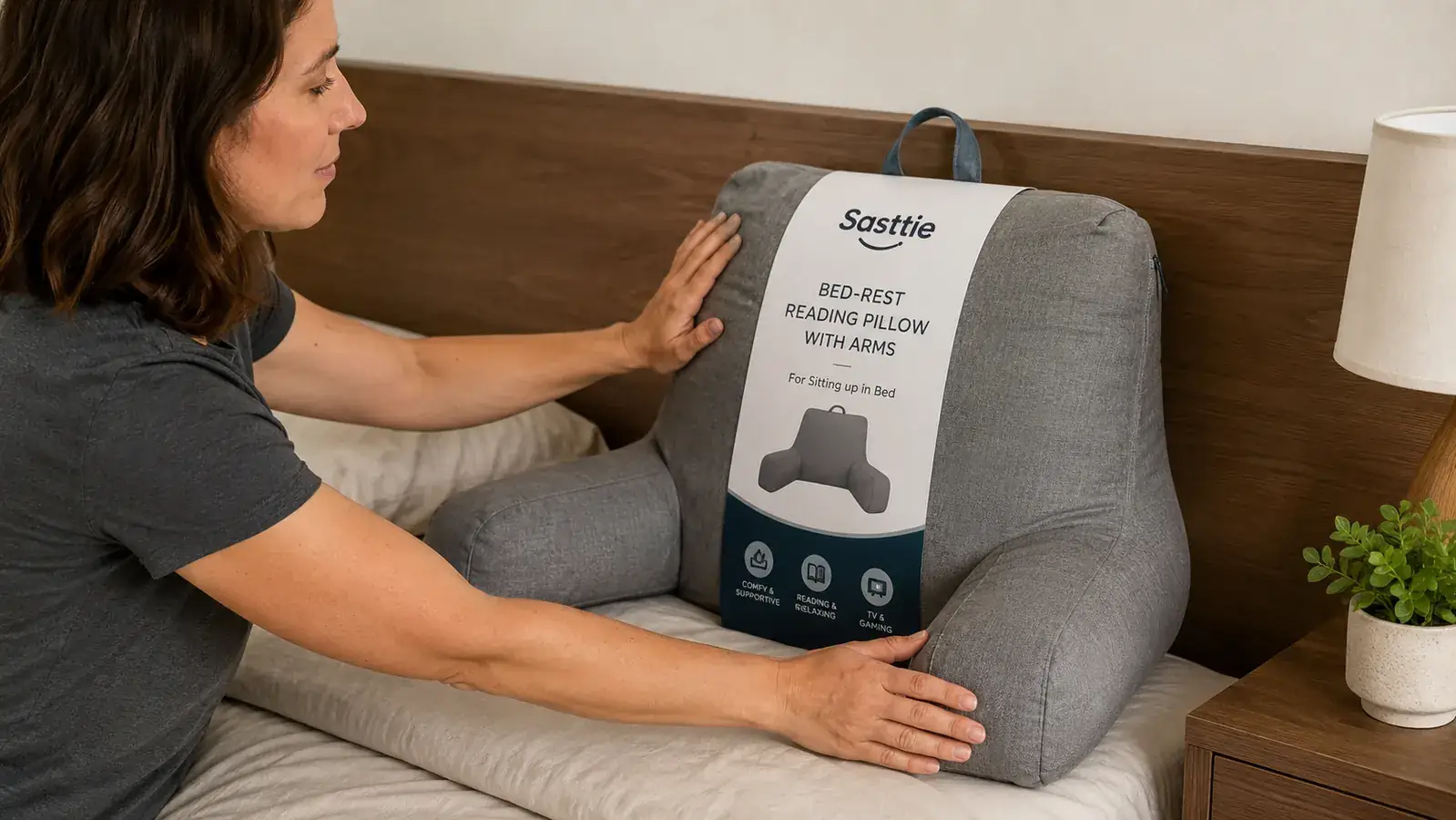Close-up of a hand adjusting the padded armrest of the Sasttie reading pillow against a headboard